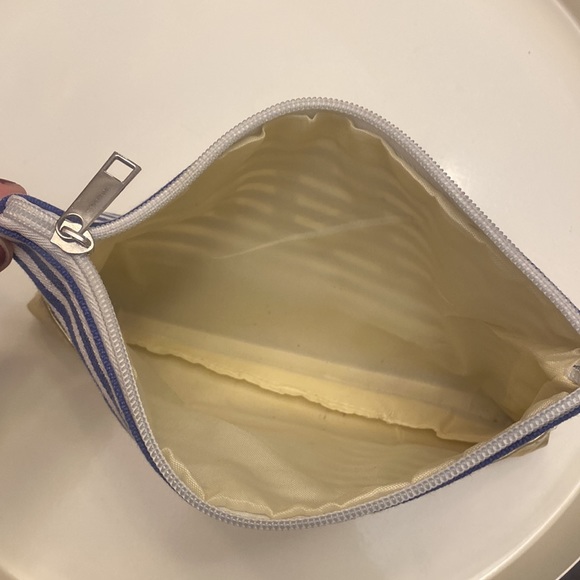 Katie Customized Cosmetic Bag Blue/White Stripe with Gold Accents GUC 9x6 - Picture 3 of 5